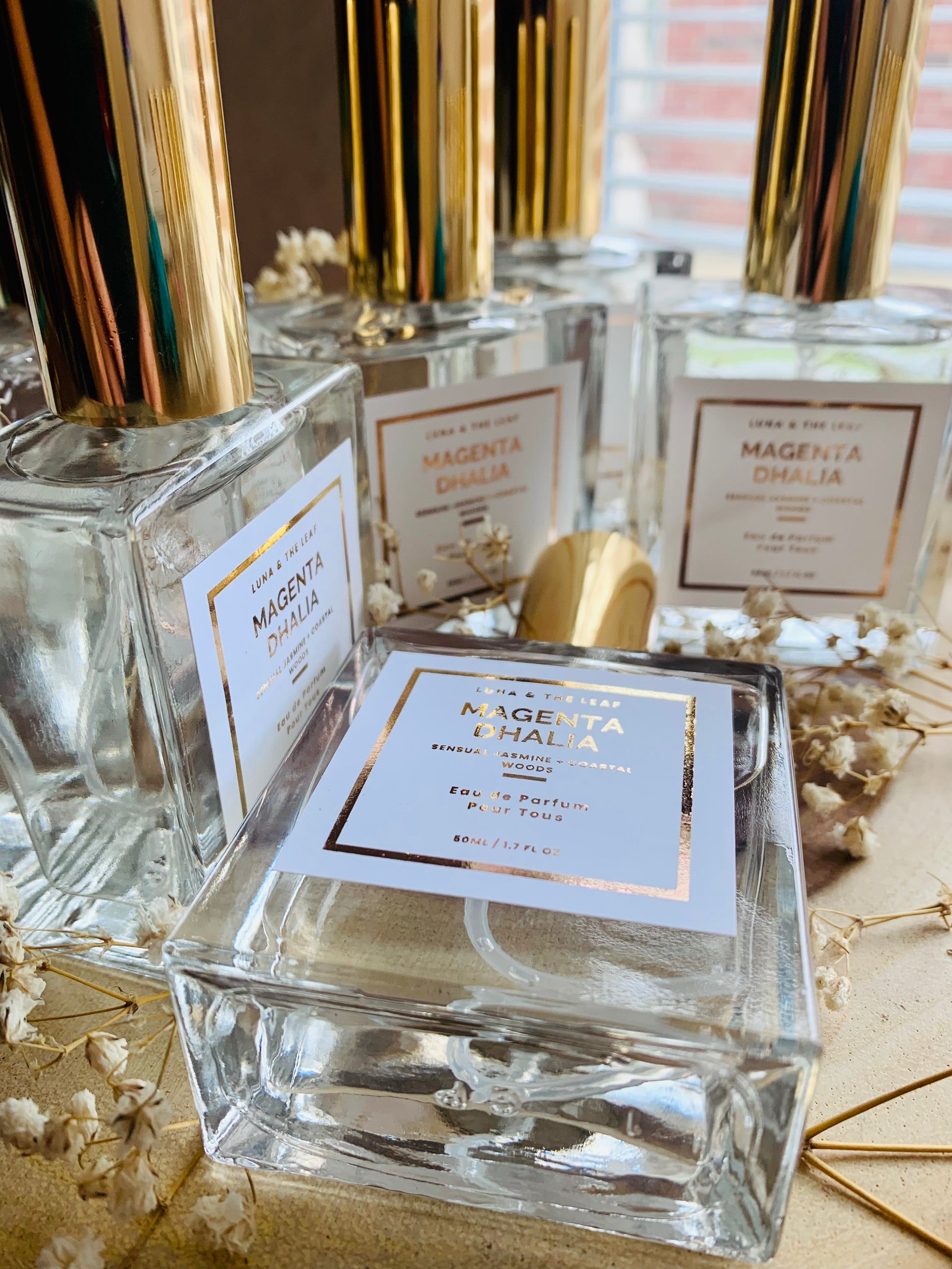 5 glass parfum bottles with gold caps are on a light brown wooden surface with a window in the background that has open blinds. The bottle in the front is lying on its back. There are small flowers with skinny wooden stems surrounding the glass parfum bottles. The bottles are labeled with a rose gold trim, the label reads Luna & The Leaf, Magenta Dhalia, sensual jasmine + coastal woods, eau de parfum pour tous, 50 ml/ 1.7 fl oz.
